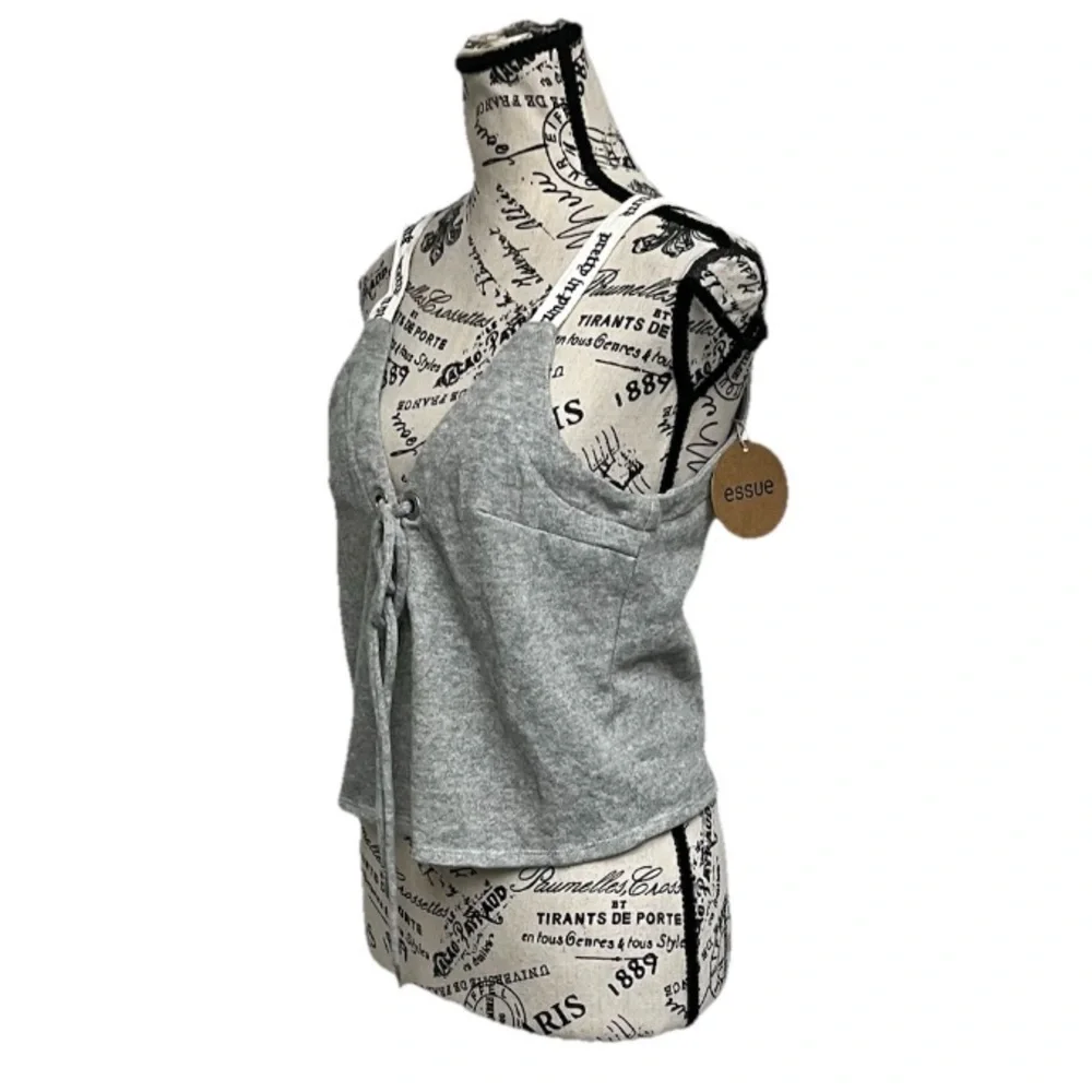 ESSUE Grey Terry Knit Lace Up Crop Top Women’s Small | Boho Beachy Y2K Peasent